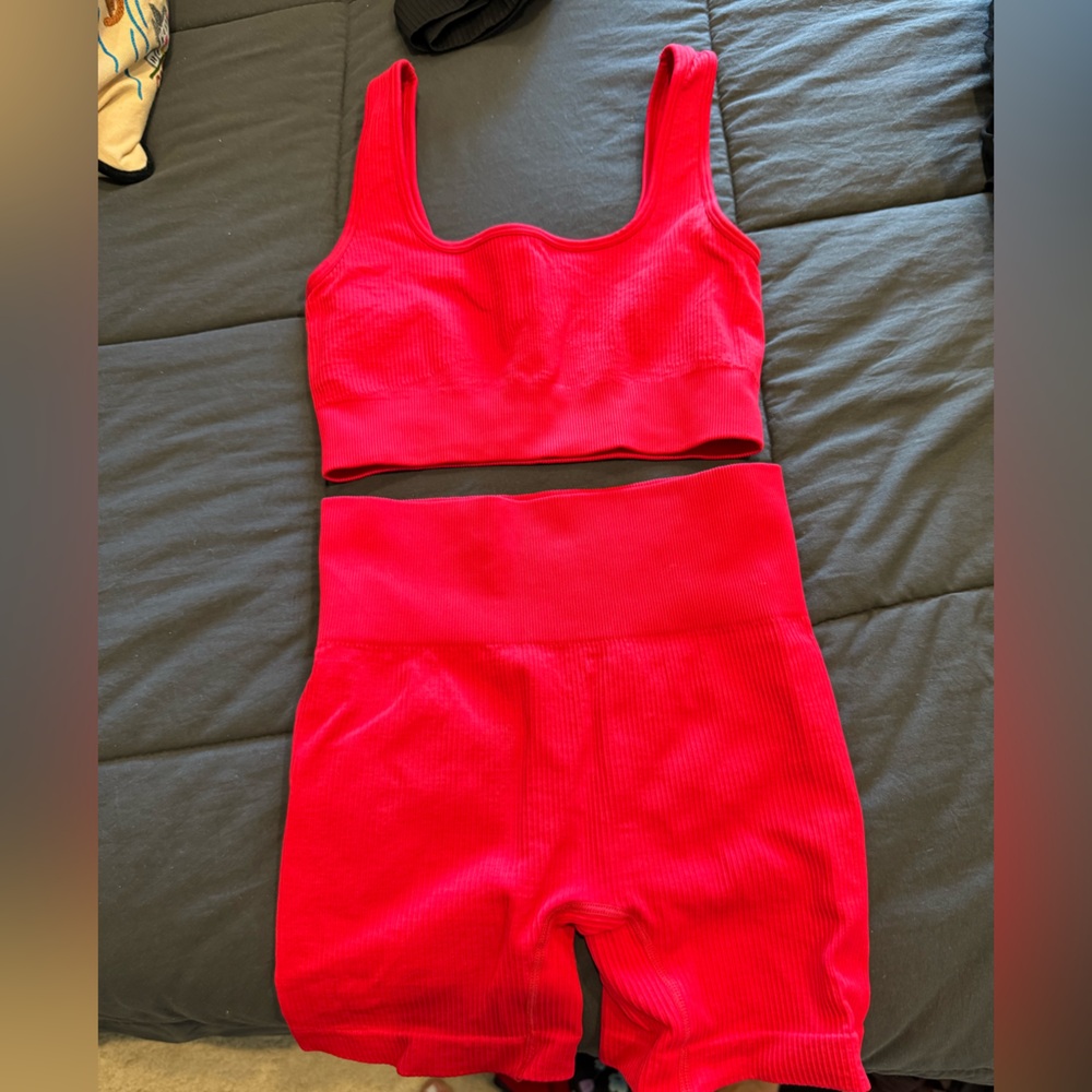 Red Ribbed Sports Bra and Biker Shorts Set